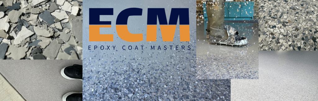 Epoxy Coat Masters logo surrounded by decorative flake finishes