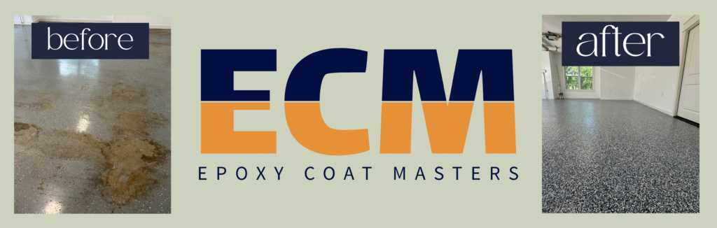 Before and after images of epoxy garage floor with ECM logo