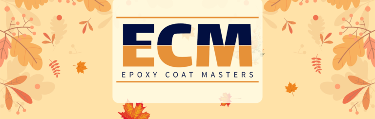 Fall decorations and leaves surrounding Epoxy Coat Masters logo