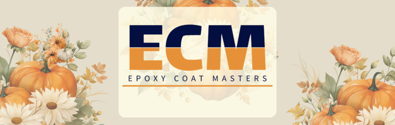 Fall-themed banner with pumpkins, leaves, and epoxy floor surface