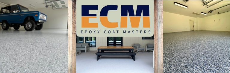 Flake and quartz epoxy floor samples with Epoxy Coat Masters logo