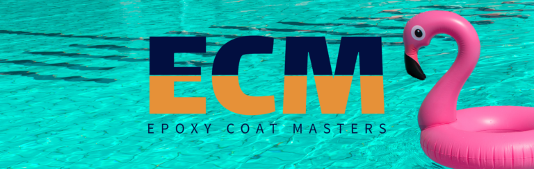 Flamingo pool float on sparkling turquoise water with ECM logo promoting concrete coating for East Texas pools.