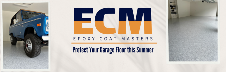 Summer-themed epoxy blog banner with warm tones and ECM logo promoting polyaspartic garage coatings