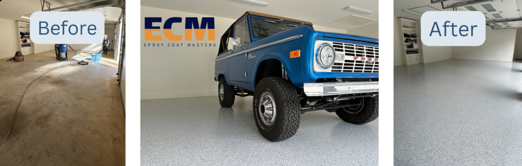 Before and after view of a polyaspartic garage floor coating in Whitehouse, TX with ECM logo