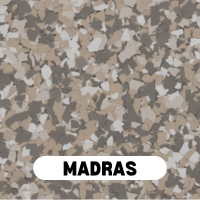 Madras epoxy flake sample with a blend of tan, beige, gray, and white