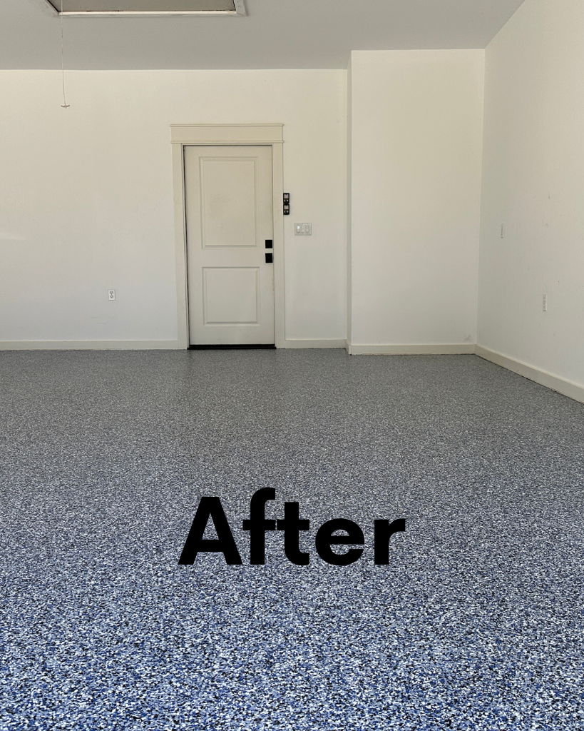 Finished epoxy flake garage floor in Dream Blue color with white door