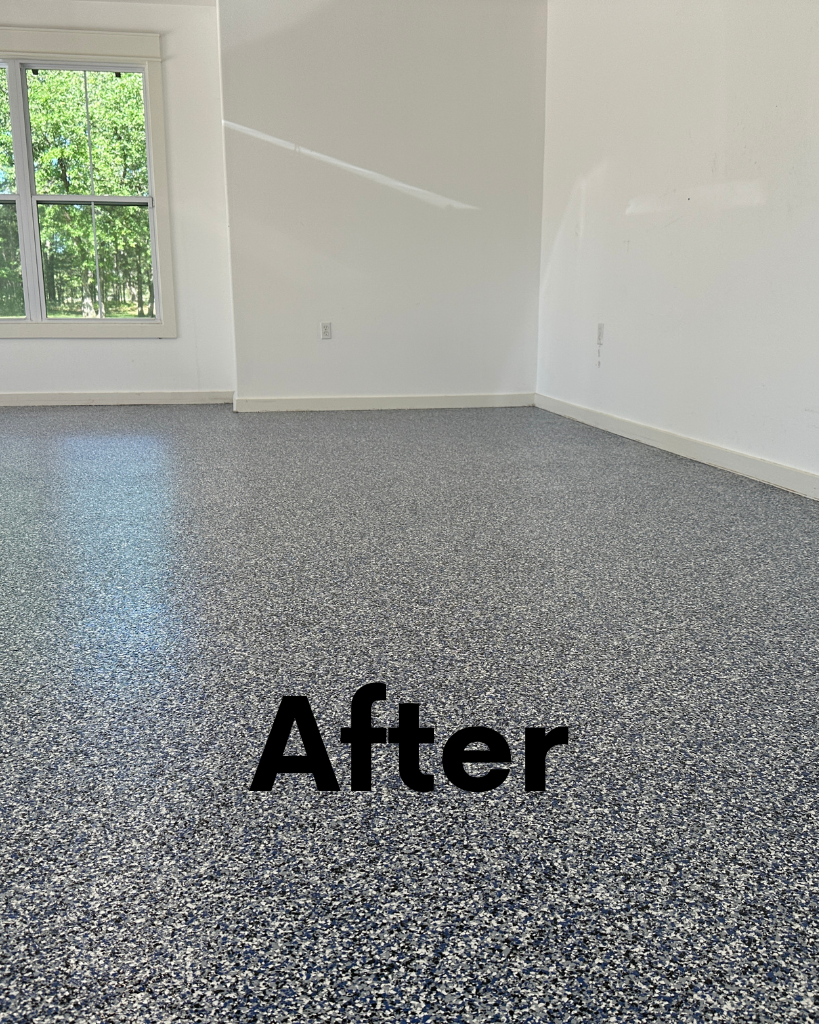 Epoxy flake floor in garage with natural light and window