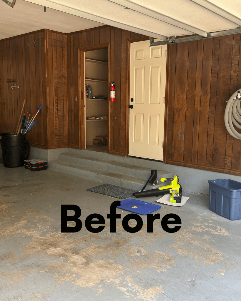 Before — worn concrete garage floor with stains and failing coating, prepped for polyaspartic system