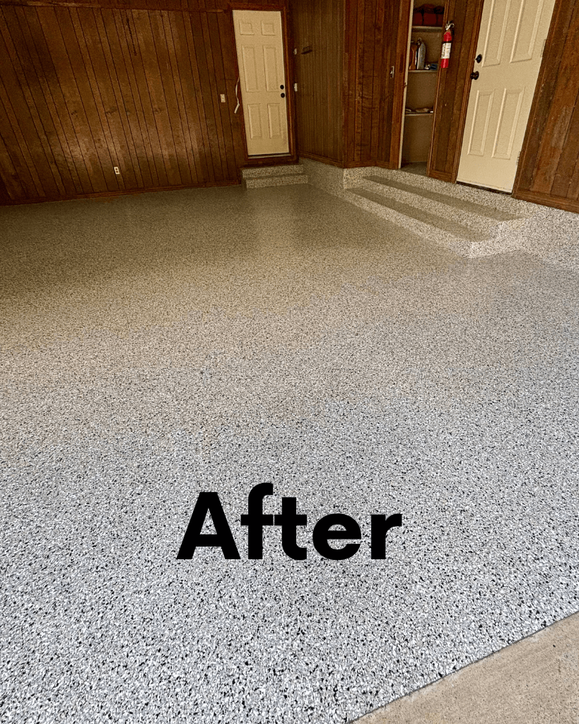 After — Cabn Fever flake polyaspartic garage floor with coated steps in Tyler, TX