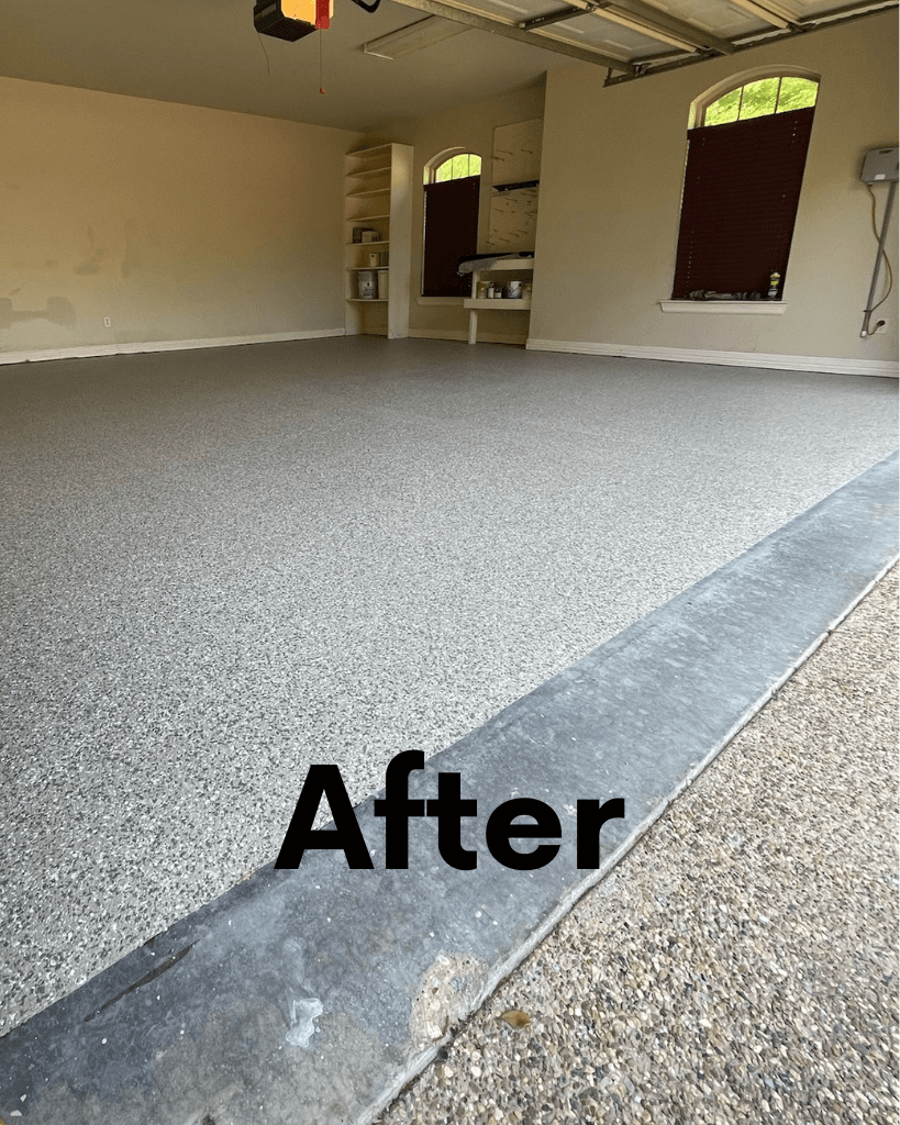After — Madras flake polyaspartic garage floor in Longview, TX after full mechanical prep