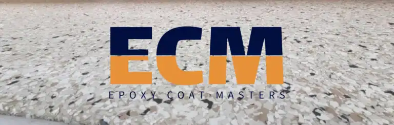 High-quality epoxy coating on floor with epoxy coat masters logo for durable finish.