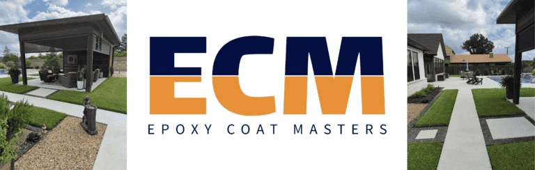 Epoxy Coat Masters logo with outdoor patio images in the background.