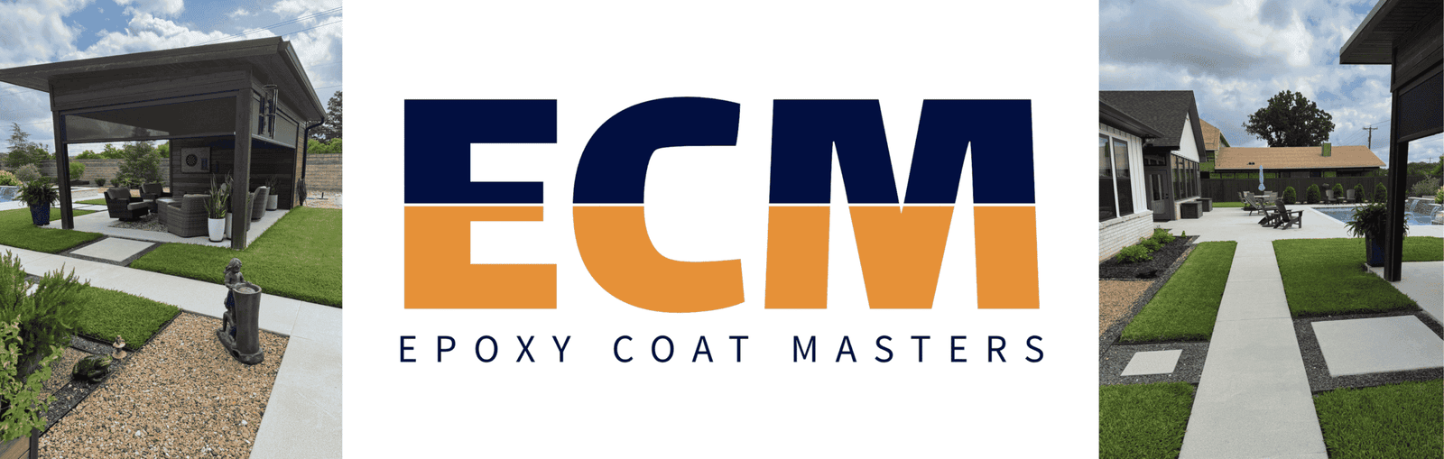 Epoxy Coat Masters logo with outdoor patio images in the background.