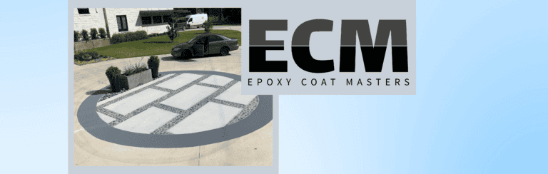 Custom black quartz driveway circle at Lake Tyler home with epoxy coating.