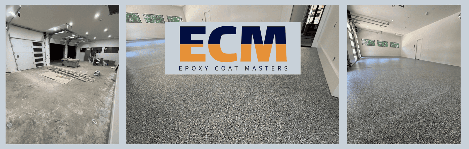 Epoxy coated garage floor with custom flake finish in East Texas lake house.