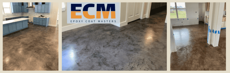 Stained concrete floors in an East Texas kitchen and living area.