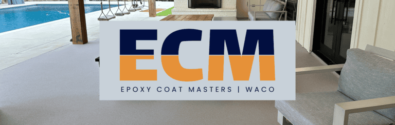 Epoxy Coat Masters logo on outdoor patio with pool and seating area.