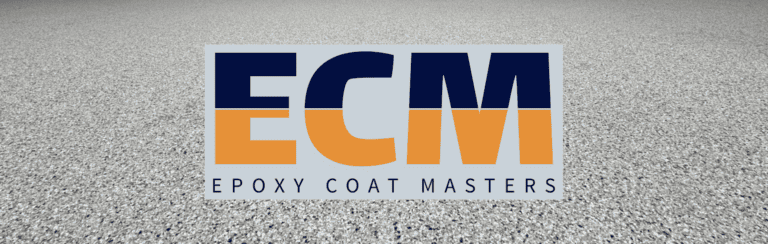 Epoxy Coat Masters logo on a textured garage floor surface.