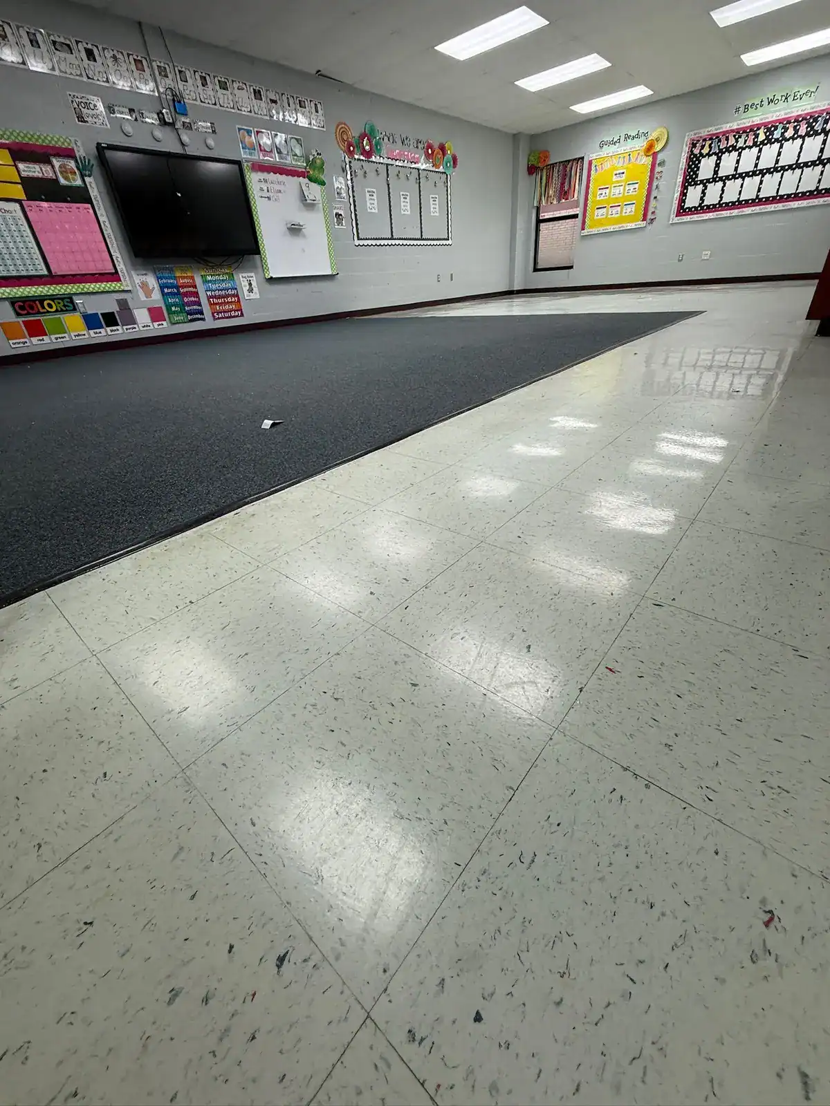 East Texas classroom with carpet and tile before flooring removal
