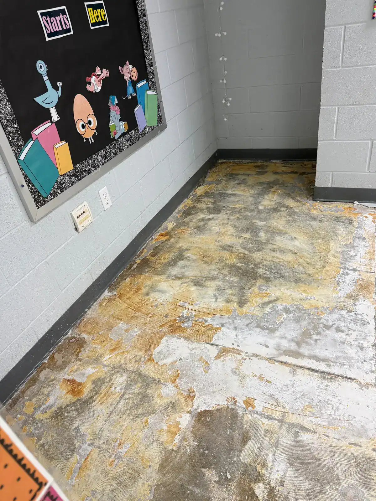 Exposed classroom concrete with adhesive residue before floor preparation
