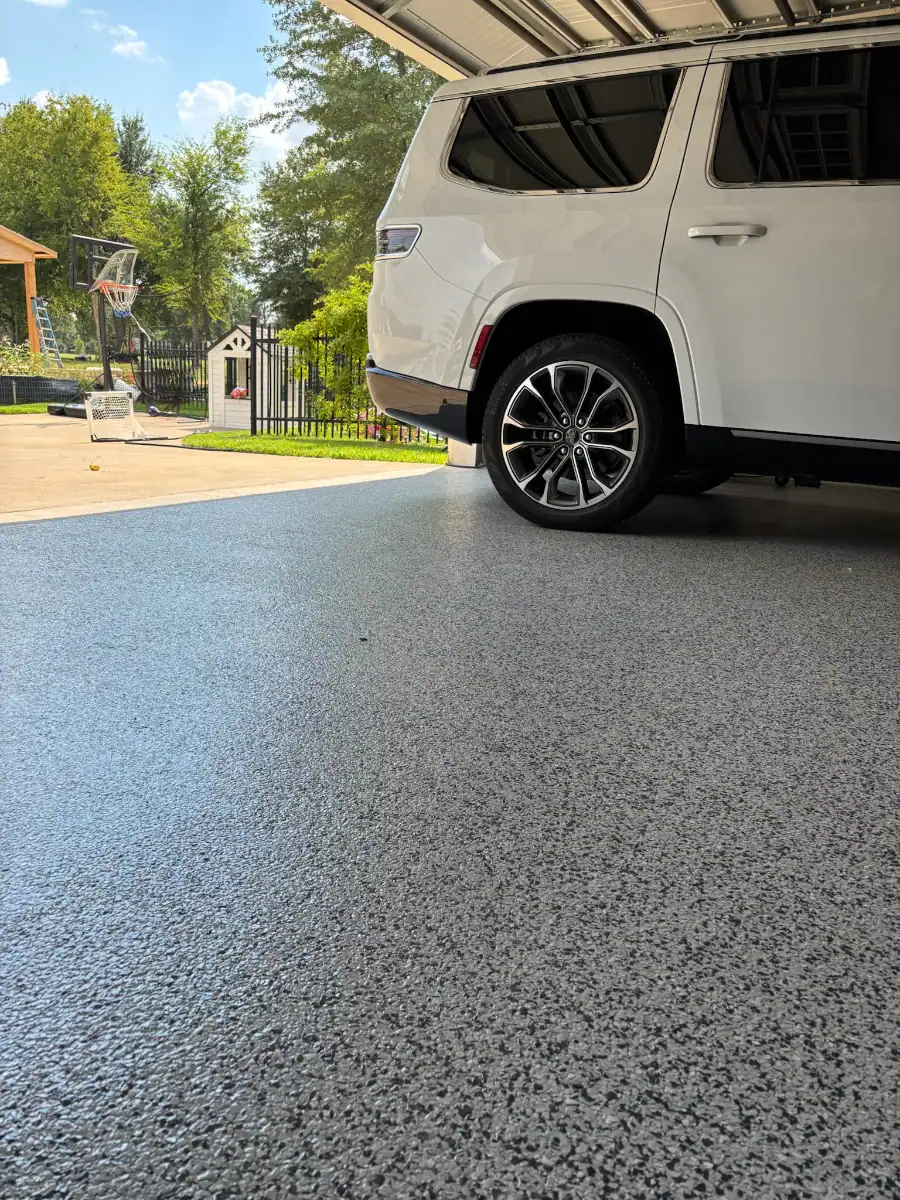 Completed Thunder flake garage floor viewed near the open garage door