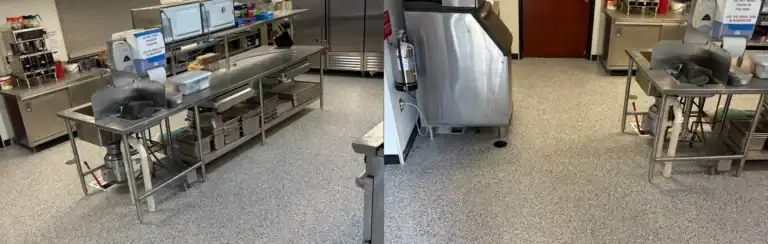 Finished Gravel flake commercial kitchen floor at Holly Brook Baptist Church in Hawkins, Texas