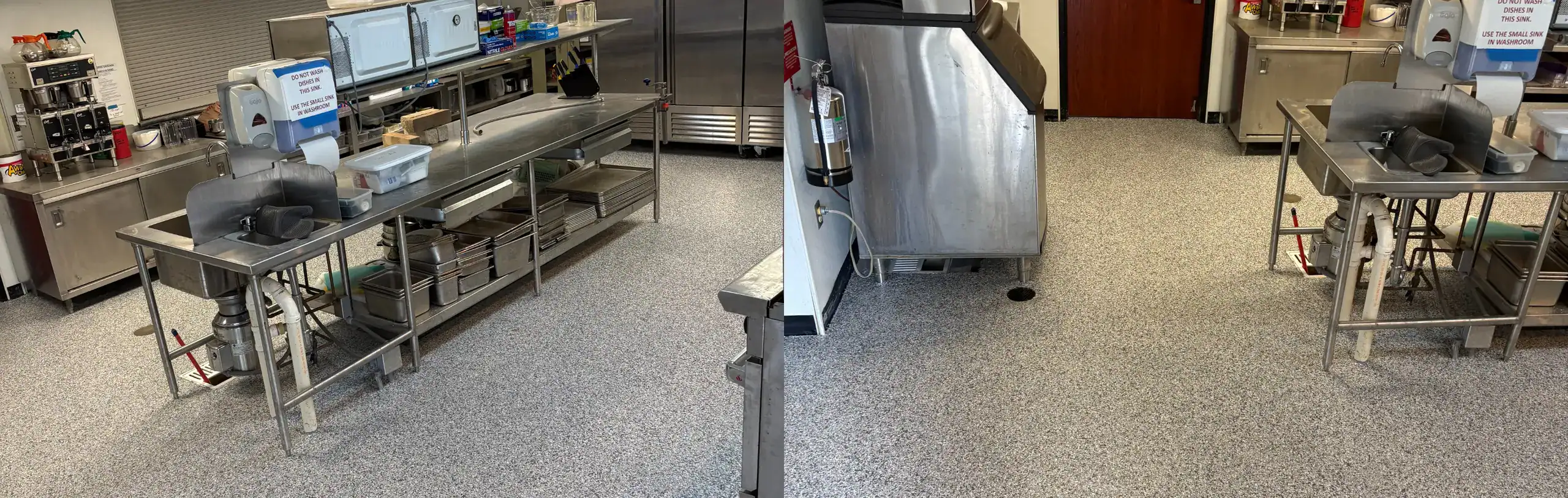 Finished Gravel flake commercial kitchen floor at Holly Brook Baptist Church in Hawkins, Texas