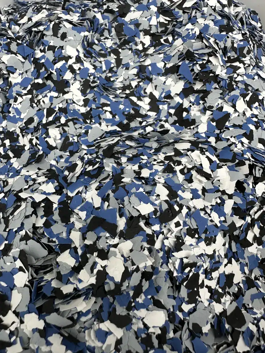 Orbit Dream Blue decorative flake blend in blue, black, gray, and white